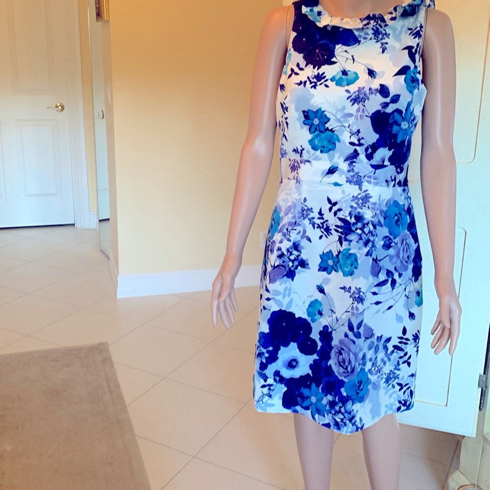 Eliza J blue and white ruffle collar dress